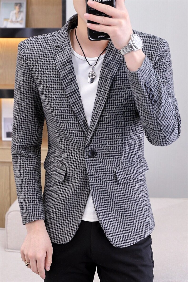 606P60秋季男士西服千鸟格小西装外套上衣修身休闲潮流帅,男装西服,星座1706