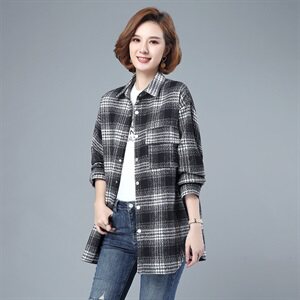 2021春秋季新款女装大码宽松加厚格子长袖衬衫中长款休闲衬衣上衣图片