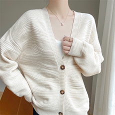 超细羊毛加厚百搭宽松慵懒风女简约纽扣克重480g上衣针织开衫外套，女装羊毛衫，盛鼎羊绒