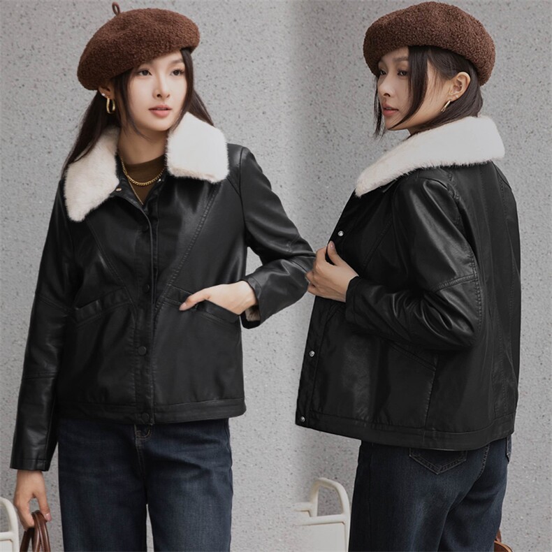 冬款加绒皮衣外套女短款2024年新款小个子加厚保暖正品皮夹克棉衣，女装皮衣，江南女神