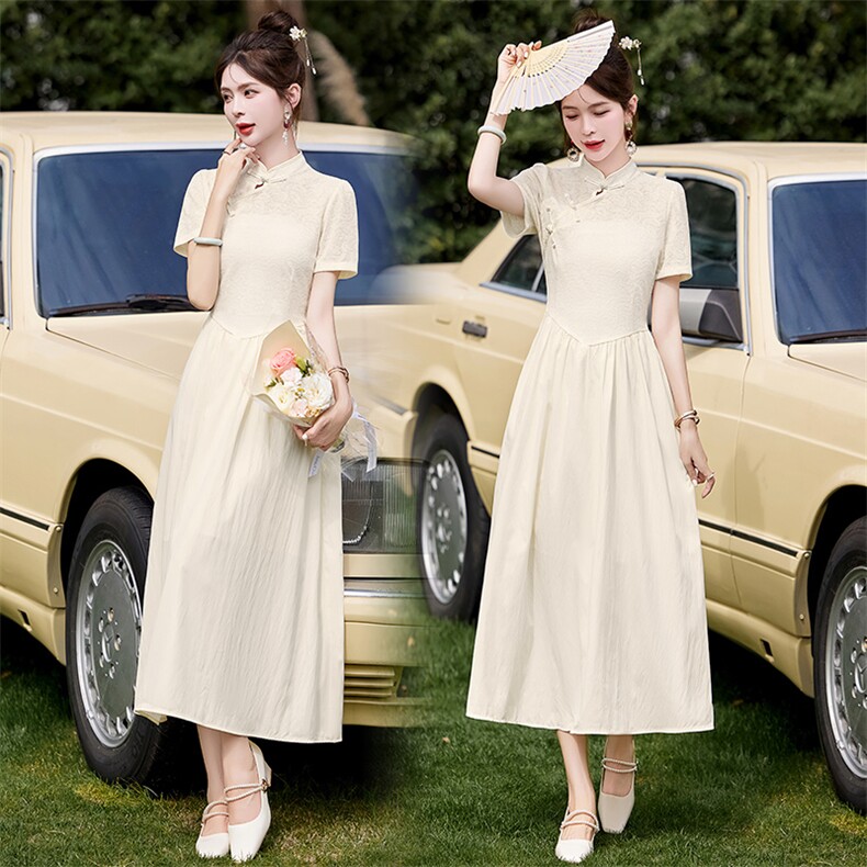 《48H发》气质旗袍淑女范复古优雅连衣裙，女装连衣裙，魅丽静蓝