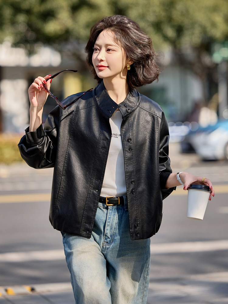 小个子立领拼接皮衣纽扣长袖女装常规见详情短款时尚春秋休闲百搭,女装皮衣,魅衣本色