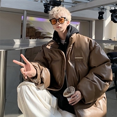 棕色PU皮棉衣男冬季新款美式街头加厚棉服外套潮牌宽松面包服棉袄，男装棉衣，星座506A