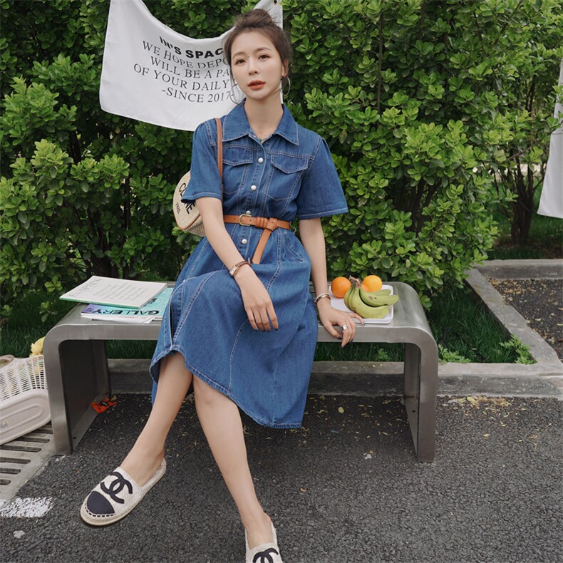 2023新款夏韩版牛仔连衣长裙短袖修身显瘦大摆裙,女装连衣裙,瑶迪依秀