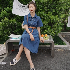 2023新款夏韩版牛仔连衣长裙短袖修身显瘦大摆裙，女装连衣裙，瑶迪依秀