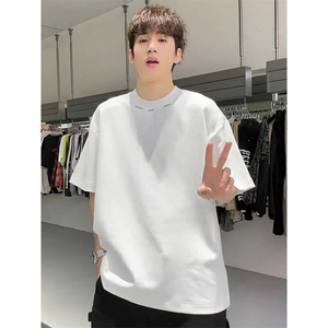 抖音得物品质二开240克宽松纯棉美式高街痞帅潮牌金属装饰短袖T恤图片