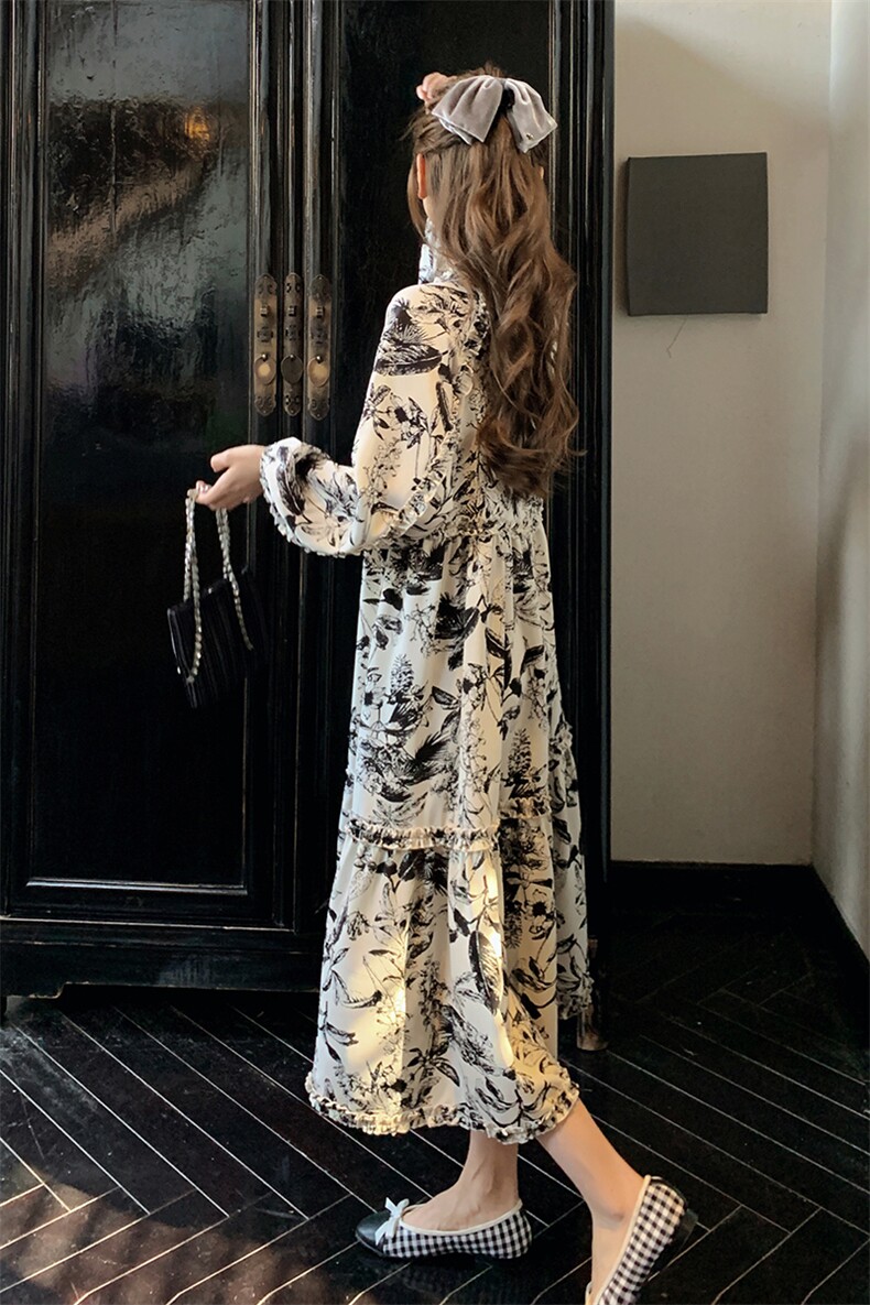 新中式水墨印花连衣裙女2025春秋季新款气质国风设计感小众衬衫裙,女装连衣裙,2C305