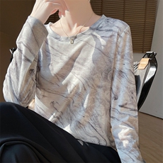 花色圆领新款针织女长袖简约百搭宽松套头上衣，女装针织衫/毛衣，绒宛羊绒