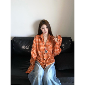 秋新款美式辣妹橘红格子色慵懒风防晒长袖衬衫衬衣 C2234图片
