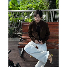 现货Konzen美式咖色绒皮短款外套男款秋季老钱风复古立领，女装短外套，星座218-1（原230）