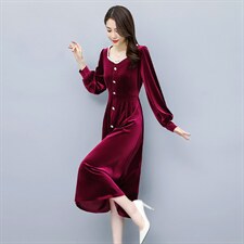 2021春季新款潮流时尚优雅单排扣修身金丝绒连衣裙，女装连衣裙，贵人树