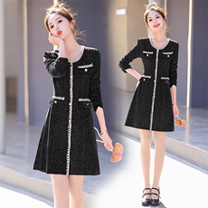 春秋款长袖亮丝连衣裙女装高端名媛时尚高级感显瘦小香风内搭裙子，女装连衣裙，丽美静依