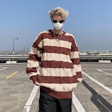 B232-P48潮流宽松慵懒风条纹毛衣男秋冬韩版ins圆领麻花针织衫，男装针织衫/毛衣，星座512-6