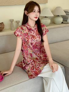 新中式g风套装女2026夏季流行复古印花盘扣旗袍上衣阔腿裤两件套图片