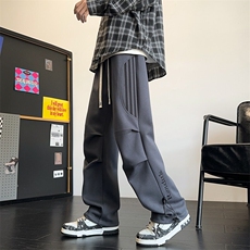 春季潮流美式高街垂感褶皱设计三条杠宽松直筒长裤A436-817-P35，男装休闲裤，电商A436