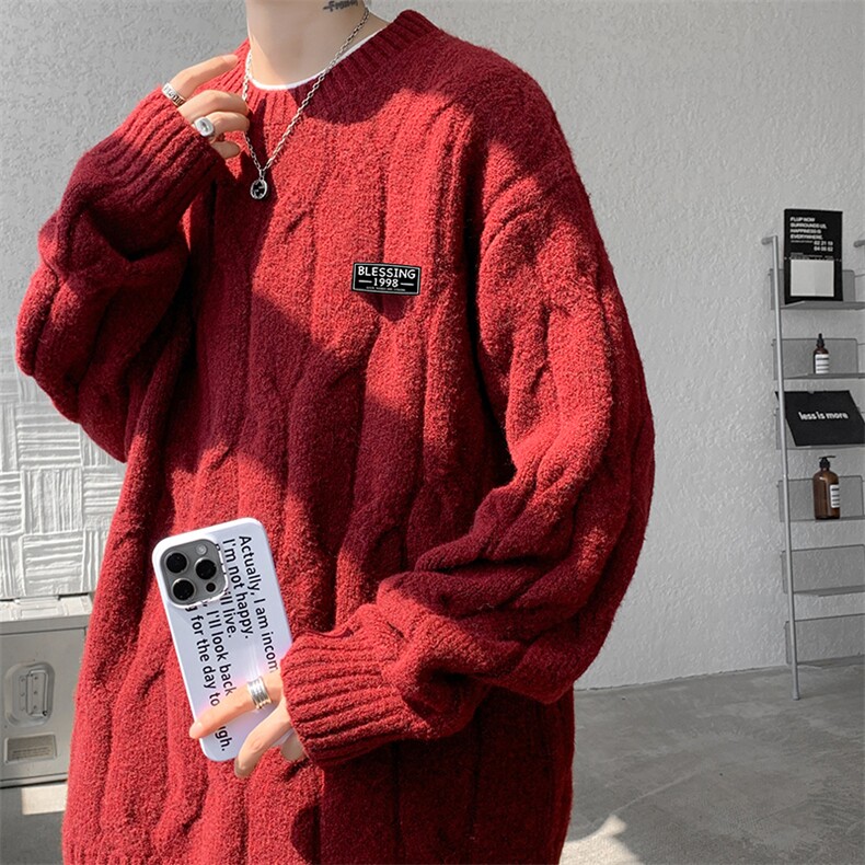 8XL-M圆领毛衣男秋冬慵懒风宽松情侣装麻花针织羊毛衫MY19004P68图片