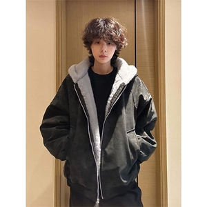 网图 荔枝皮美式连帽座山雕外套男女款冬季毛领夹克-A2363P98图片