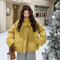 围巾短款羽绒服女2025新款冬季韩系超好看面包服白鸭绒外套，女装羽绒服，2C177