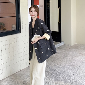 新中式风刺绣碎花撞色拼接西装外套女春秋2025新款百搭休闲西服图片