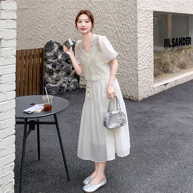温柔风气质一整套穿搭女2026夏新款蕾丝钩花泡泡袖上衣吊带裙套装，女装套装/套裙，霓裳依族