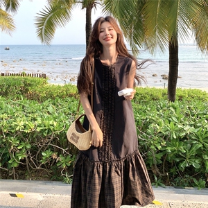 设计感假两件格纹拼接无袖连衣裙女夏季2025新款慵懒松弛感背心裙图片
