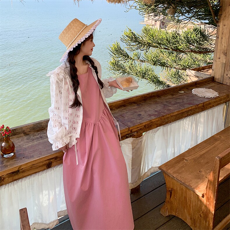 多巴胺穿搭粉色背心连衣裙女夏2025年新款蕾丝开衫配长裙,女装连衣裙,浙宝276（原081）