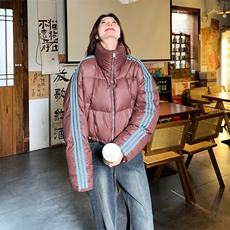 撞色条纹拼接短款羽绒服女冬季2025新款小个子韩版90白鸭绒面包服，女装羽绒服，2C158