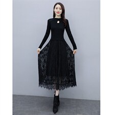 2023秋季新款半高领镂空线衣配蕾丝长款打底连衣裙,女装连衣裙,安之芮娜