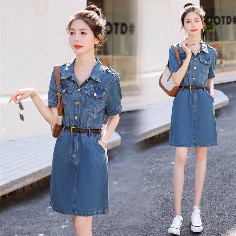 天丝牛仔连衣裙女小个子2025夏季新款高端气质减龄收腰薄款衬衫裙，女装连衣裙，意芙