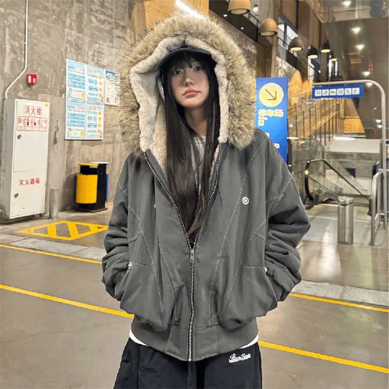 现货重磅boxy短款棉衣座山雕大毛毛领男女棉服水洗工装厚外套,男装棉衣,电商A486