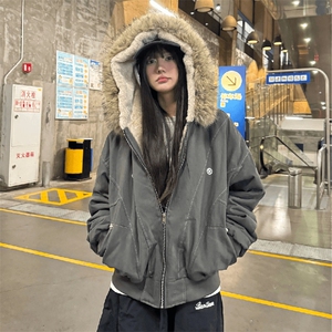 现货重磅boxy短款棉衣座山雕大毛毛领男女棉服水洗工装厚外套图片