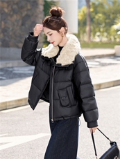 蛋白皮羽绒服女短款2025冬季加厚毛领宽松显瘦pu皮衣短外套百搭女，女装羽绒服，意芙