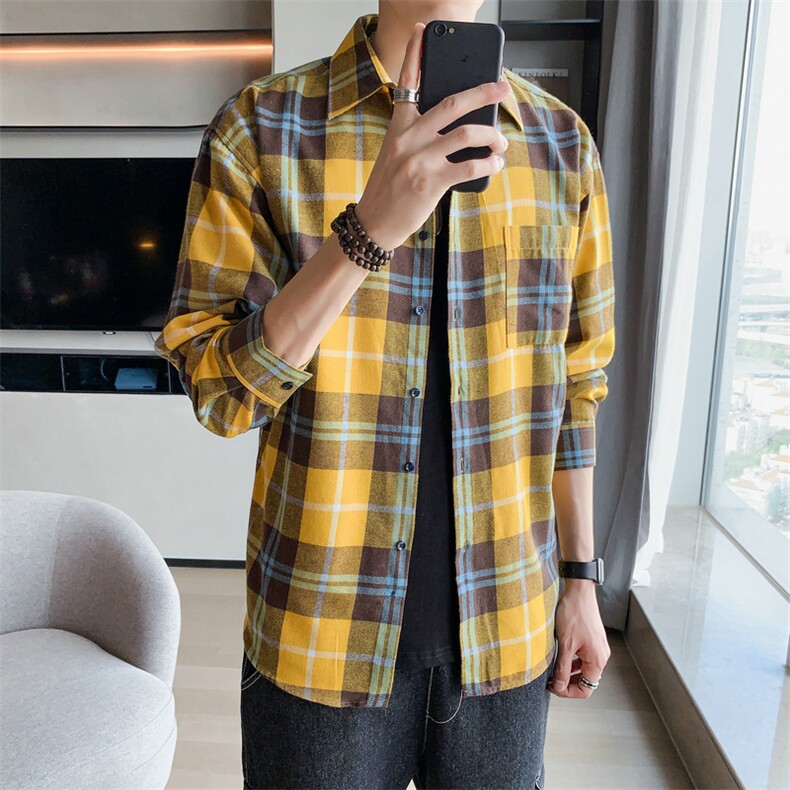 男士秋季格子衬衫长袖休闲潮流衬衣外套男装DF10T,男装衬衫,电商A102