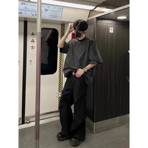 美式复古条纹拼接插肩袖短袖男夏季潮牌痞帅炸街t恤vintage五分恤图片