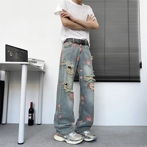 cleanfit牡丹提花牛仔裤男小众设计感水洗蓝裤子休闲直筒微喇裤图片
