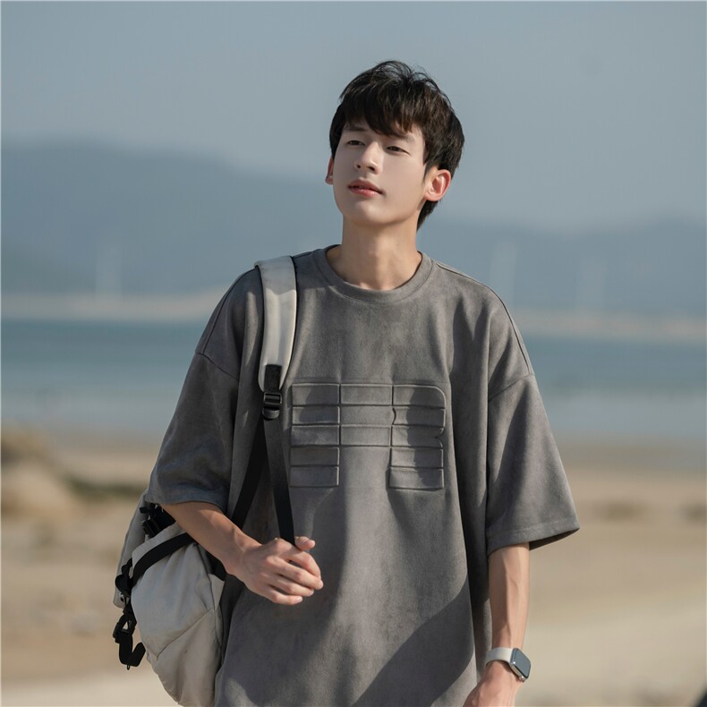 814-1-T2322-P4058克重260麂皮绒压印T恤（聚酯纤维），男装T恤，星座814-1