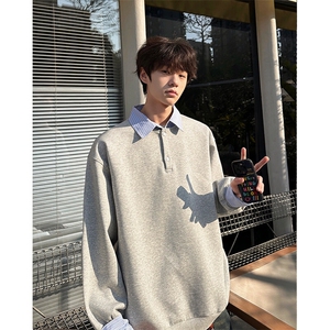 8XL-M 韩版假两件撞色拼接卫衣长袖男翻领宽松套头上衣WY16 P68图片