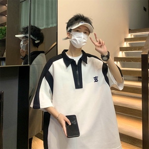 T3010-P32美式潮牌拼接拼色半拉链领短袖图片