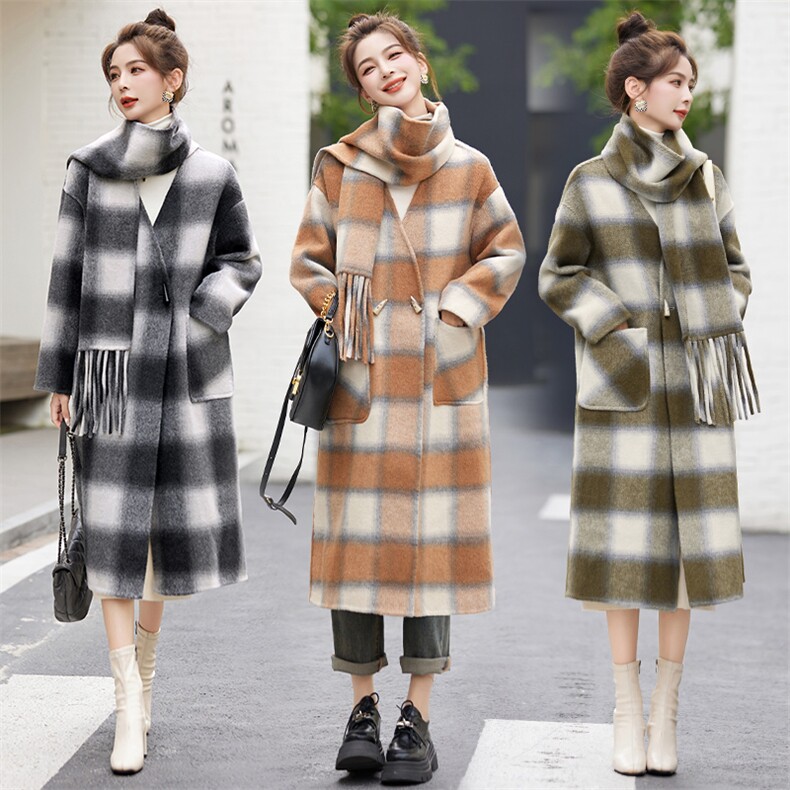 现货手工缝制双面羊毛大衣冬装新款女装时尚韩版休闲外套送围巾，女装双面呢大衣，辉煌依升