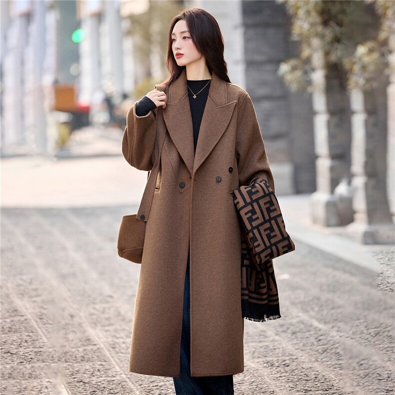 现货手工缝制冬保暖新款时尚可拆卸帽子双面呢大衣送腰带帽子,女装双面呢大衣,美静678