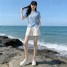 女夏新款时尚减龄套装圆领侧绑带晕染设计短袖上衣蕾丝短裤两件套，女装套装/套裙，江南