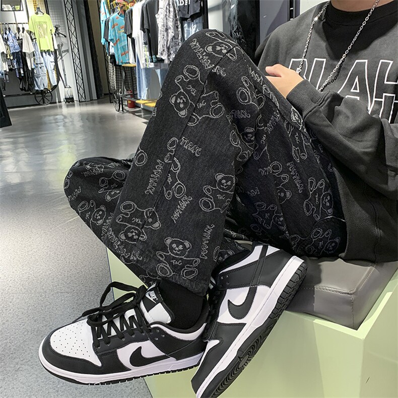 欧美街头hiphop嘻哈满印小熊大码宽松拖地牛仔裤男A071-2022-P50,男装牛仔裤,电商A125