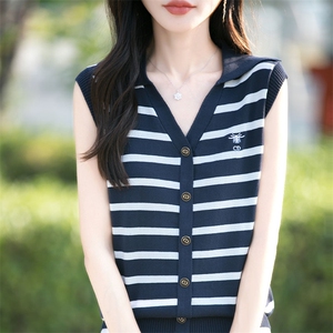 夏季翻领条纹冰丝刺绣针织背心女无袖上衣打底衫外穿宽松显瘦套头图片