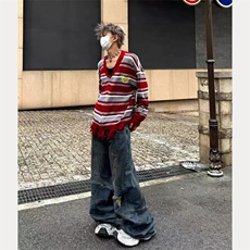 秋冬季新款美式复古条纹破坏感针织衫男女宽松休闲情侣开衫毛衣潮，男装针织衫/毛衣，星座516A