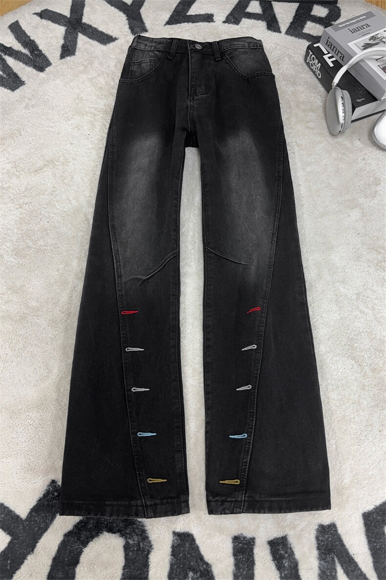 B221美式ins高街暗黑个性扣眼修身微喇牛仔裤LK26655-特P46控78,男装牛仔裤,电商B221