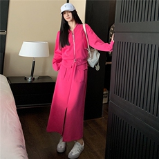 港风时尚休闲套装裙女秋季新款玫红色开衫卫衣开叉半身裙两件套潮，女装套装/套裙，江南