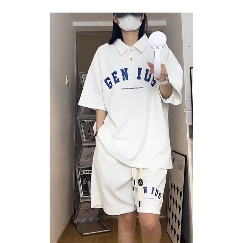2025美式潮流POLO衫短袖男女同款夏季痞帅宽松上衣短裤套装男,男装休闲套装,星座1210-1