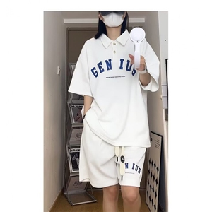 2025美式潮流POLO衫短袖男女同款夏季痞帅宽松上衣短裤套装男图片