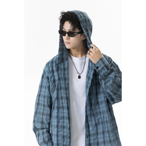 夏季连帽格子防晒衬衣男宽松美式痞帅休闲情侣长袖衬衫 P50控78图片