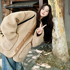 【现货】卡其色包边羊羔毛外套C158-8610-P175-K268，女装棉衣/棉服，2C158